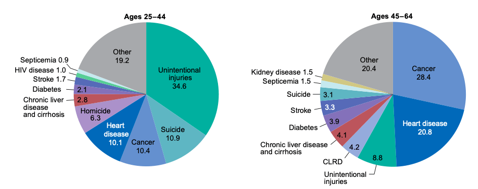 pie charts leading causes of death ages 25-44 and 45-64